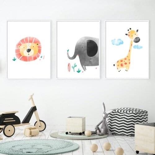Elephant Lion Giraffe Print Cartoon Colorful Animal Wall Art Nursery Cute Nordic Kids Canvas Painting for Baby Room Home Decor