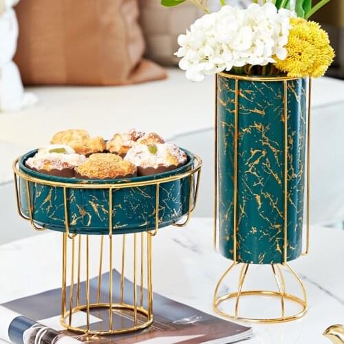 Simple Luxury Marble Pattern Ceramic Vase Green Fruit Snack Tray with Shelf Flower Arrangement Container Modern Home Decoration