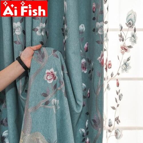 American Country Blue Green Kapok Embroidered Blackout Bedroom Curtain Pastoral Cotton and Line Opaque Curtain Fabrics For Room