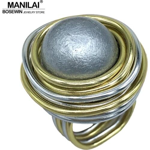 MANILAI Unique Handmade Simulated Pearl Rings For Women Fashion Jewelry Wire Spiral Acrylic Bead Vintage Finger Rings Big