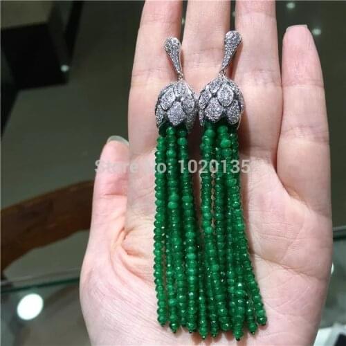 One pair green jade roundel faceted hook earrings 80mm wholesale beads nature