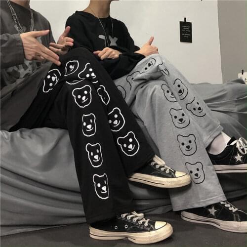 Autumn Women Elastic High Waist Straight Pants Casual Bear Print Pants Streetwear Women Black Loose Cute Hip Hop Trousers Female