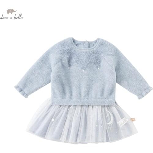 DB20030 dave bella autumn baby girls cute cartoon mesh sweater dress children fashion party dress kids infant lolita clothes