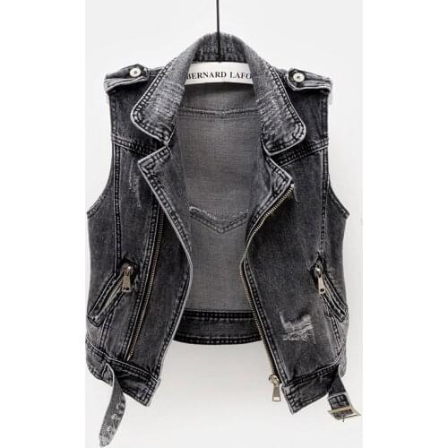 4XL Plus size Loose Moto & Biker Frayed Denim Vest Women Short Waistcoat Vintage Jeans Vest Female Black Gray Sleeveless Jacket
