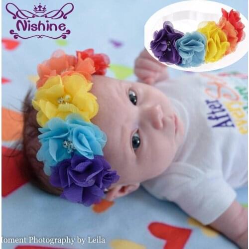 Nishine Newborn Chiffon Flower Headband Colorful Rainbow Elastic Kids Flower Hair Bands Headwear Birthday Gift Photo Props