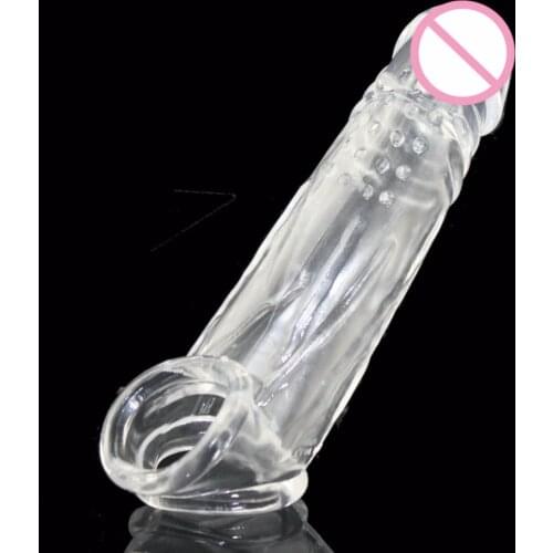 Transparent crystal penis sleeve condom reusable Dual cock ring sex toys Male penis sleeve extender for big dildo