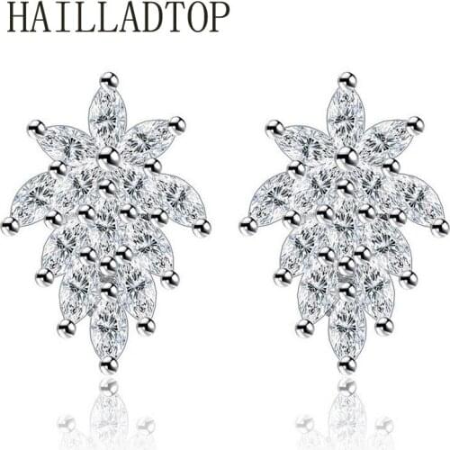 HAILLADTOP Korean Style Leaf CZ Zircon Stud Earrings Women Piercing Jewelry Love Gift Peacock Tail Bijoux Earrings For Women