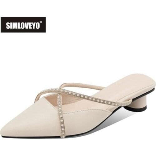 SIMLOVEYO New 2021 Ladies Sandals Slipper Mules Close Pointed Toe Crystal 3.5cm Small Round Heel Soft Suede Slip On Party Casual