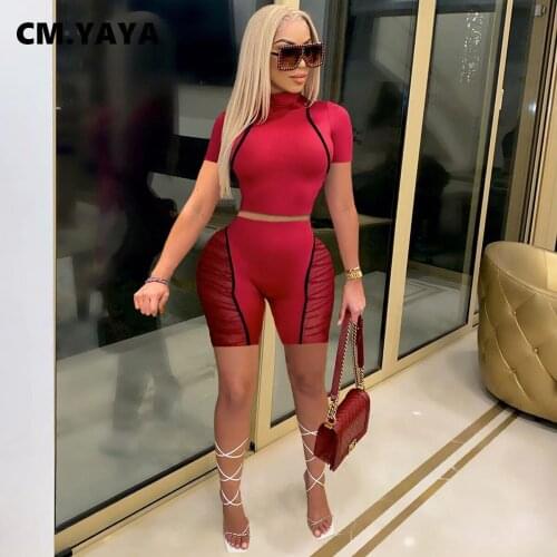 CM.YAYA Short Sleeve Pullover Turtleneck Tshirts Matching Side Patchwork Ruched Mesh Above Knee Pants 2 Piece Set Women Joggers