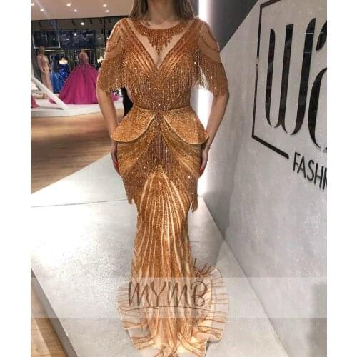 Dubai High End Quality Grey Evening Gowns For Weddings Illusion Couture Heavy Beading Tassell Women Party Dresses Prom Dress