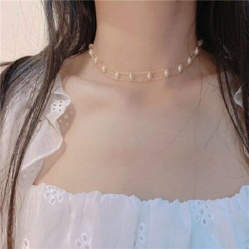 Japanese Retro Super Fairy Double Choker Necklace Bracelet Ins Freshwater Pearl Necklace Clavicle Chain Female