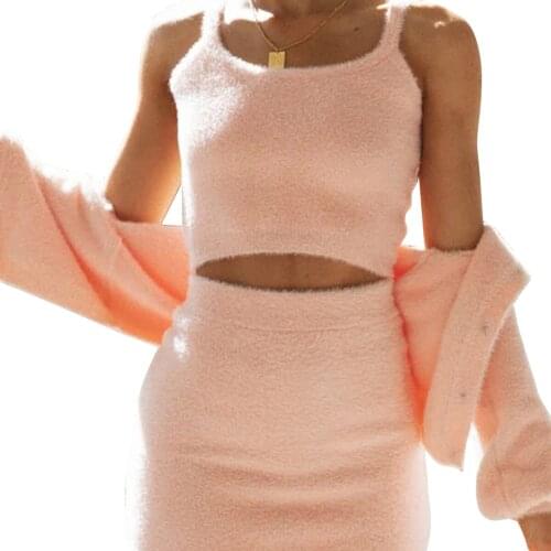 Women Casual Fleece 3 Pcs Sets Spaghetti Straps Tank Top + Mini Skirt + Long Sleeve Buttons Cardigan Jacket