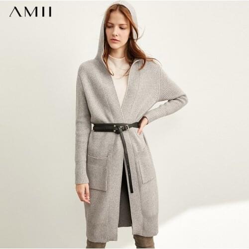 Amii Minimal Lazy Sweater Coat Women Spring Wear New Loose Hat Long Knitted Cardigan 11940475