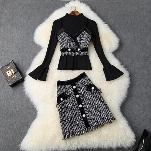 Autumn winter women 3 pieces tweed skirt set OL flare sleeve knitted sweater + velvet patchwork tank + mini skirt suit set y725