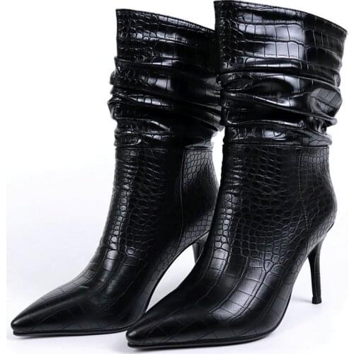 2021 New Pleated Faux Leather Short Boots European American Fashion Pointed Toe Autumn Winter Super Fine High Heel Womens Shoes