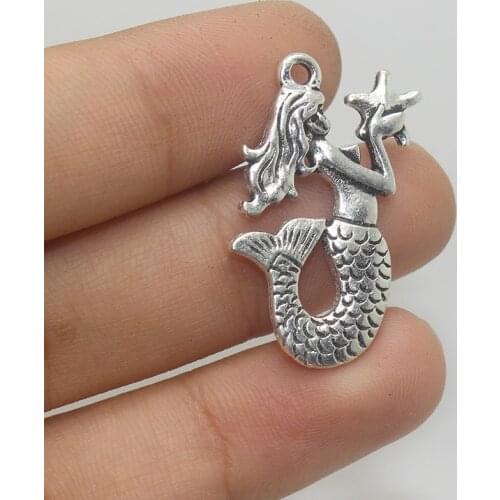 6pcs/lot 30*22mm 2 sided Antique Silver Plated Mermaid With Star Fish Charm pendant for jewelry making