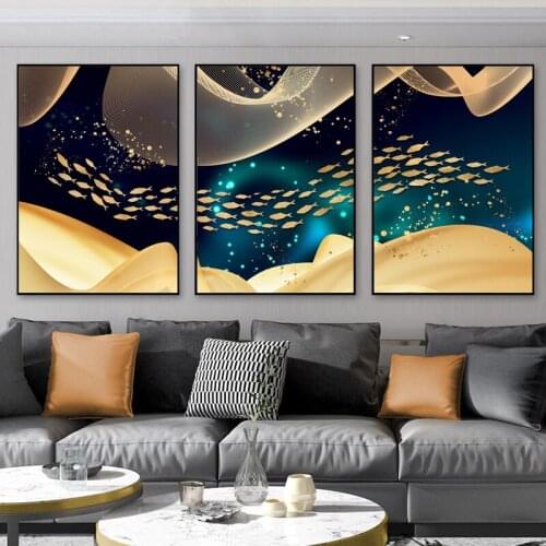 Abstract Golden Fish Blue Sea Oil Canvas Painting Modern Posters and Prints Wall Art Pictures for Living Room Home Decoration