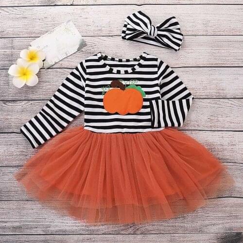 Clothes Bodysuit For Newborns Toddler Kids Baby Girls Pumpkin Striped Embroidery Halloween Dress+Headbands set Newborn Clothes