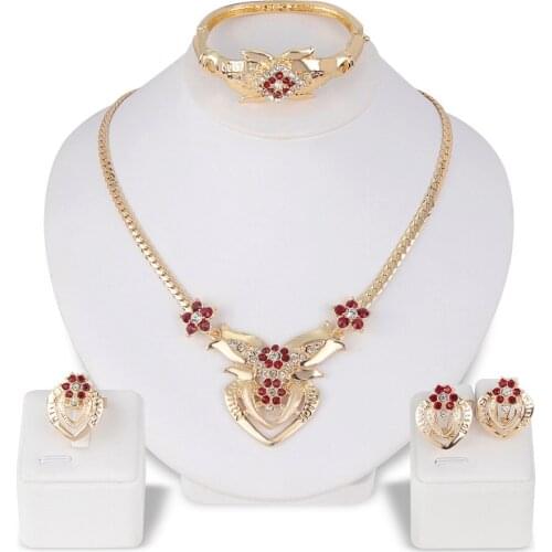 European and American Exaggerated Alloy Necklace Earrings Ring Bracelet Four-piece Plating KC Gold Bridal Necklace M11