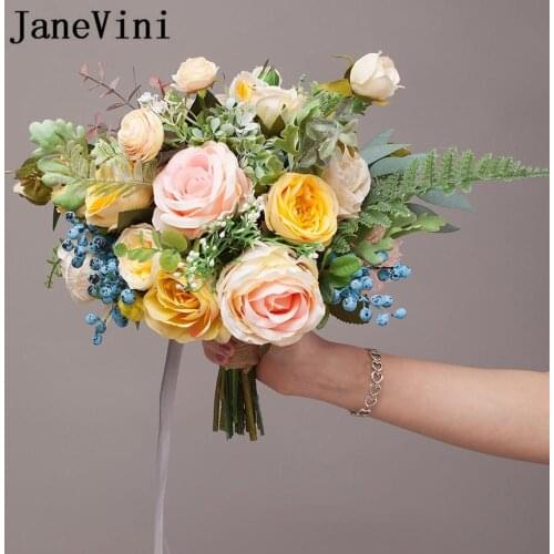 JaneVini Ins Artificial Yellow Wedding Bouquets Peony Wedding Flowers Silk Roses Brides Bridal Bouquet Brooch Accessories 2019