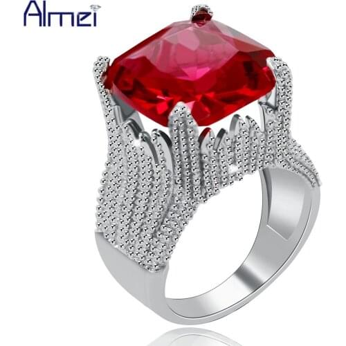 Almei Women Sliver Color Flame Shape Big Square Red Cubic Zirconia Solitaire Ring Wedding Wide Engagement Band RA0414