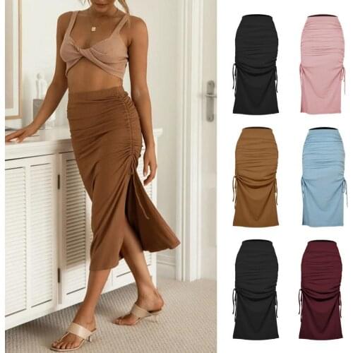 2021 High-Waisted Skirt Lace-up Split Summer Knitted Shirring Long Skirt for Dating