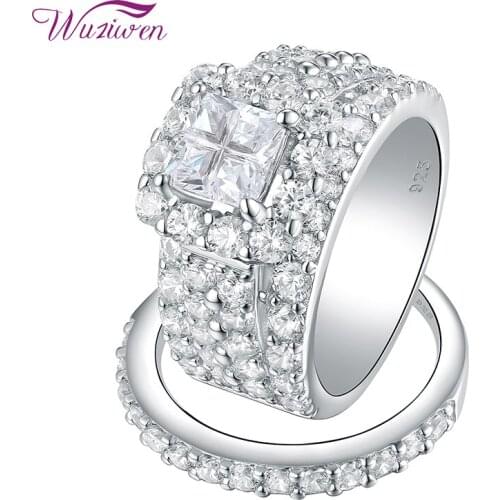 Wuziwen 2 Pcs Solid 925 Sterling Silver Wedding Engagement Ring Set For Women Halo AAA Zircons Princess Cross Cut Luxury Jewelry