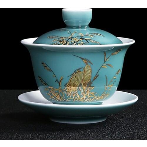 Blue Tea Tureen Celadon Outline in Gold Water Mug Tea Bowl Gaiwan Creative Travel Porcelain Teapot Office Drinkware