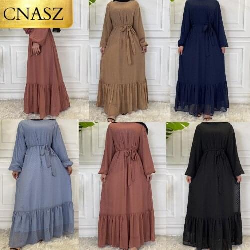 Latest Modern Fashion Ruffle Polka Islamic Clothing Kaftan With Lining Women Muslim Maix Casual Dress Abaya