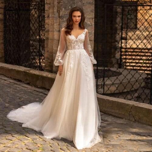 Thinyfull Chic Puff Sleeve Wedding Dress 2021 Vintage Lace Appliques Sheer Wedding Gowns Plus Size Vestido Boho Bridal Dresses