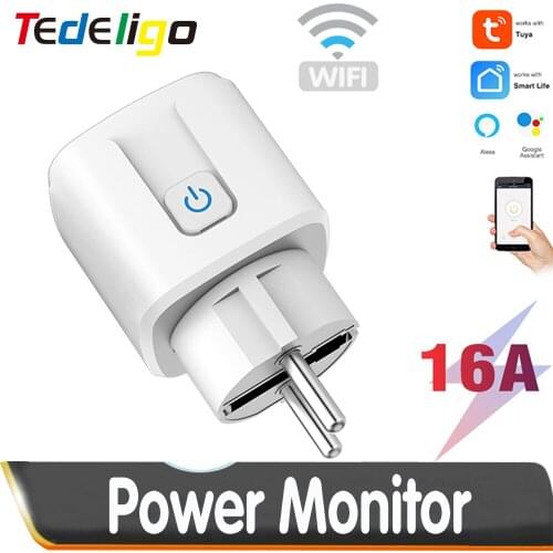 16A EU Wifi Smart Home Plug with Power Monitor Socket Tuya Smart Life App Voice Timer Control Compatible with Google Home Alexa