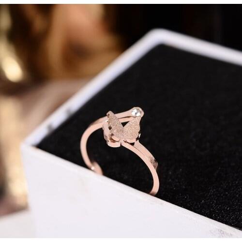 YUN RUO Fashion Frosted Butterfly Rings Rose Gold Color Woman Birthday Gift Party Titanium Steel Jewelry Top Quality Never Fade