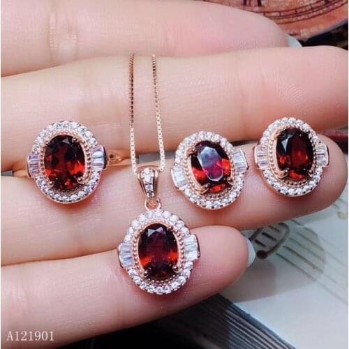 KJJEAXCMY boutique jewelry 925 Silver-inlaid Natural Garnet Jewelry Ladys Necklace Ring Earrings Suspension Triple Set Support