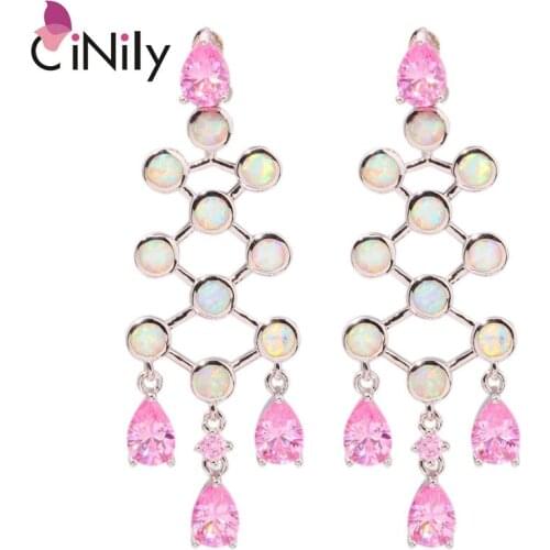 CiNily Created White Fire Opal Pink Zircon Silver Plated Wholesale New Style for Women Jewelry GIFT Stud Earrings 2 1/8" OH3927