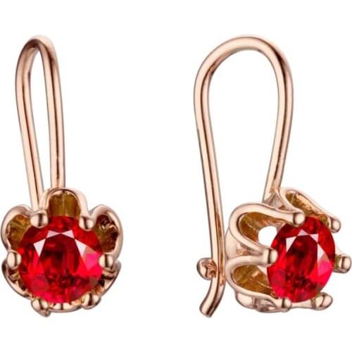 Women Cute 585 Rose Gold Color Red Stone Flowers Shaped Drop Jewelry Earrings