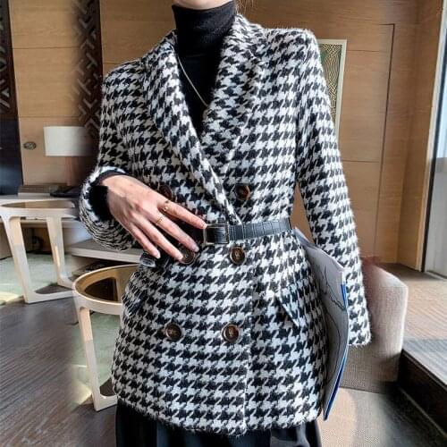 Womens Blazers with Belt Houndstooth Autumn Double Breasted Suit Jacket Long Sleeve Plaid Coat Office Elegant Female Blazer