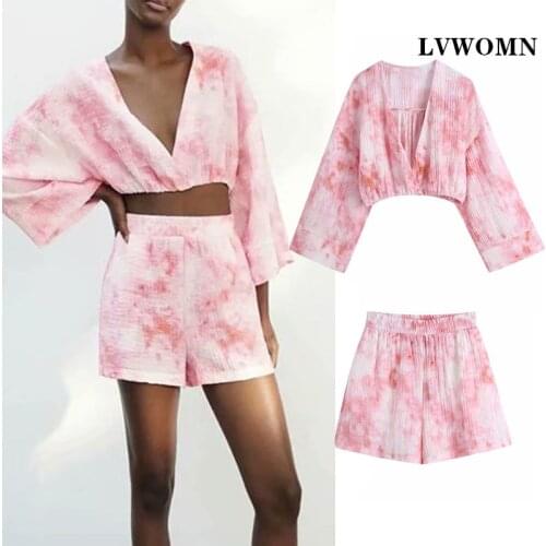 LVWOMN Za 2 Piece Set Women Summer Tie Dye Long Sleeve Print Blouse+Elastic Waist Casual Shorts Chic Ruched Women Clothing 2021