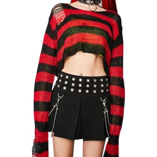 Women Hollow Knit Sweater, Adults Color Block Stripe Pattern Long Sleeve Round Neck Pullover Spring Autumn