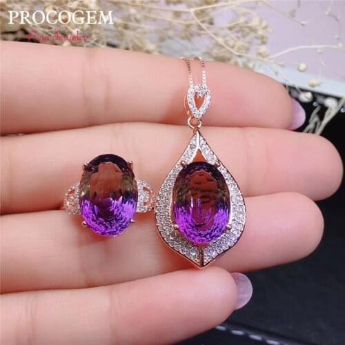 Trendy Ametrine Jewelry sets for Women Party Gifts Necklace Ring 10x14mm 6.5Ct Big gemstone with CZ 925 Solid Silver #598