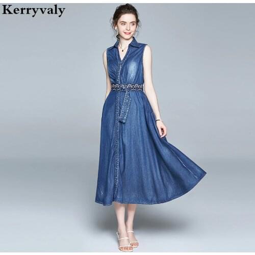 Summer Deep V Button Embroidery Denim Midi Dress Vestidos Verano 2021 Mujer Female Sleeveless Royal Sister Jeans Dress K3135