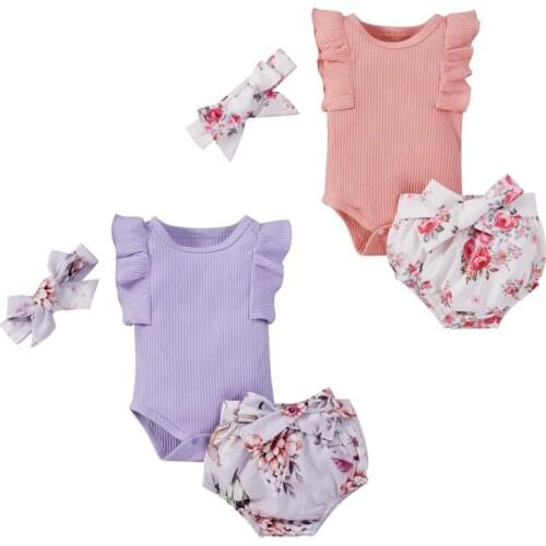 2021 Summer Baby Girl Clothes Cute Romper Top Floral Shorts Headband Toddlers Sleeveless Bodysuit Sets Baby Gift