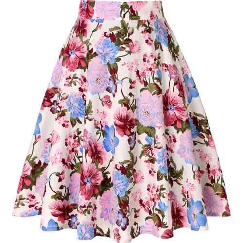 2021 Vintage Floral Printed A Line Tunic Women Skirts High Waist Female 50s 60s Swing Rockabilly Skirts Spring Summer