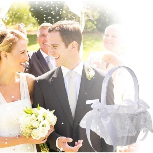 50%HOTSatin Bowknot Lace Flower Girl Basket Storage Wedding Ceremony Party Supply