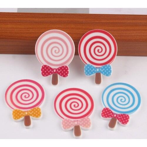 50pcs/lot 5 Colors Mixed Hair Bow Lollypop Flatback Resin Planar Lovely Kids Sugar-Loaf Resin Cabochon DIY Craft Embellishments