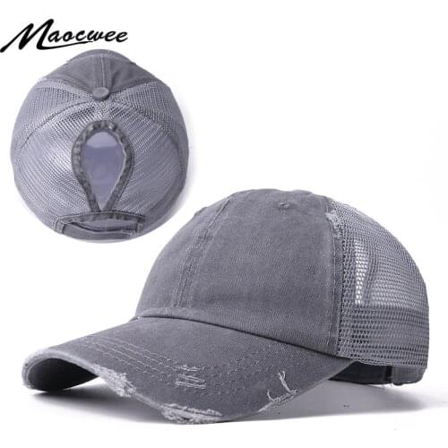 Summer Mesh Baseball Cap For Men Women Cotton Solid Color Cap Retro Old Design Hat Adjustable Hip Hop Washed Ponytail Hole Caps