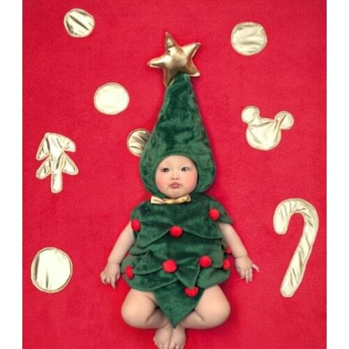 Jane Z Ann Baby infant toddler 3-6 month Christmas tree costume photo props green hat+yellow bow tie bodysuit roupa fotografie