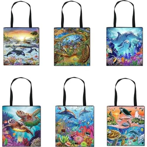 Turtle / Whale Shark Shoulder Bags Casual Canvas Tote Bag Lady Shopping Bags Large Capacity Storage Bag for Travel