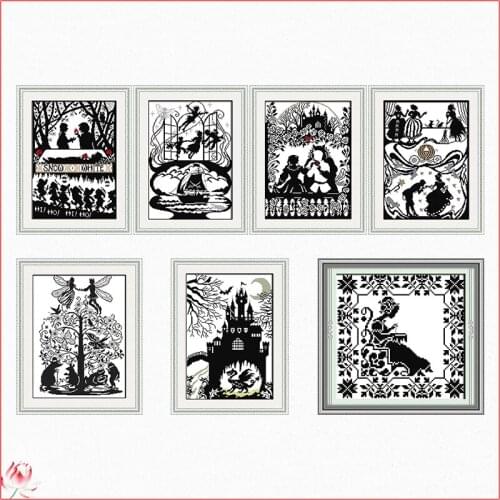 Fairy Tale Character Black And White Printed Cross Stitch Kits Counted Canvas Embroidery Sets 11CT 14CT DIY Handmade Needlework
