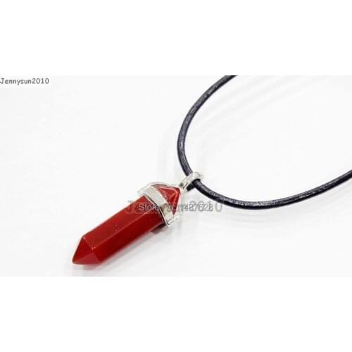 Natural Red Ag-ate Gems Stones Hexagonal Pointed Healing Reiki Chakra Pendant Black Leather Cord Necklace18''lnch 5 Sets/Pack