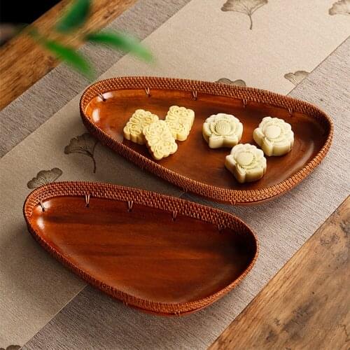 Natural Rattan Black Walnut Handmade Solid Wood Tray For Tea Cake Dessert Snacks Fruit Durable Woden Food Plate For Home Hotel